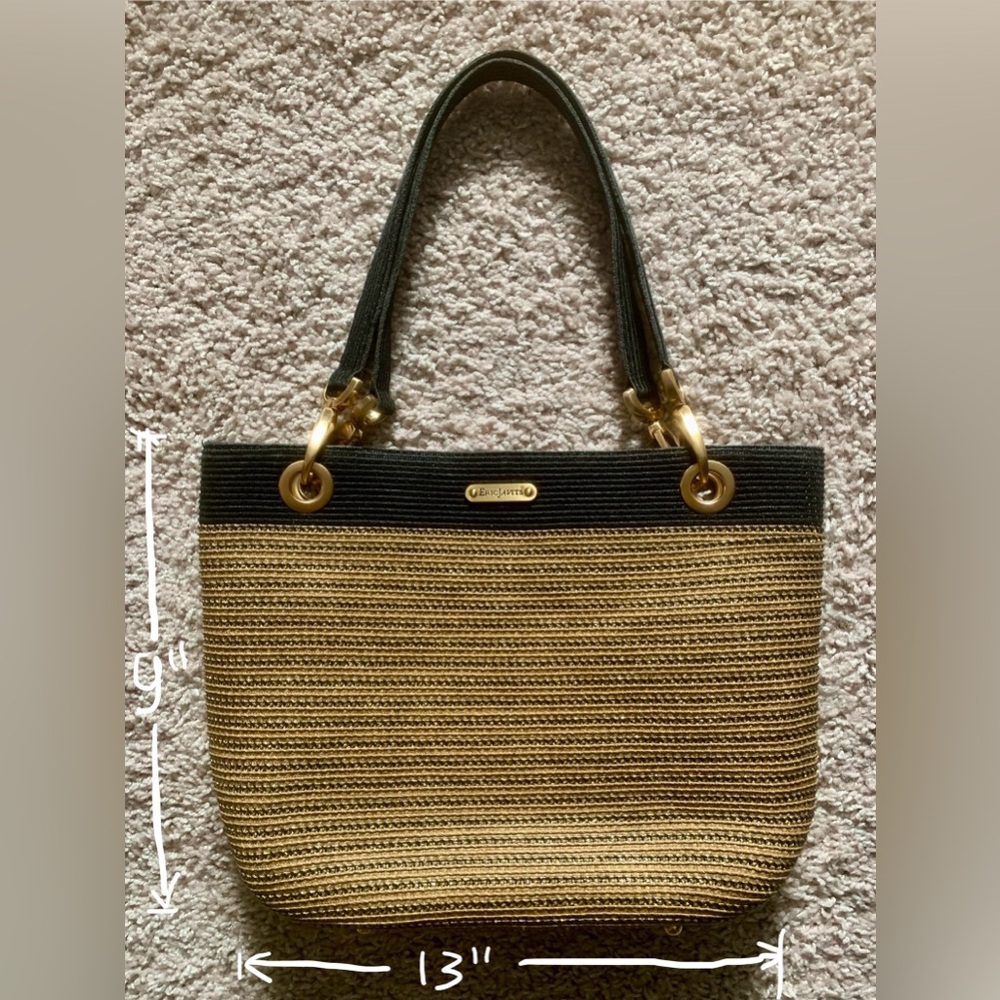Eric Javits Striped Black Gold Tote Bag Gold-Tone Hardware Double Handles